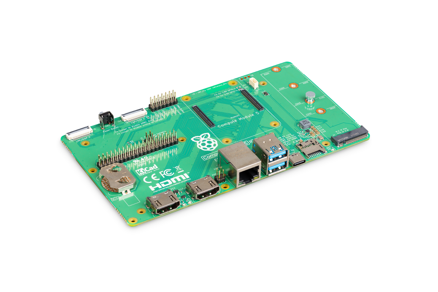 Raspberry Pi Compute Module 5 IO Board (CM5IO) with M.2 M key, dual HDMI 2.0, USB 3, Gigabit Ethernet PoE+, HAT+ GPIO