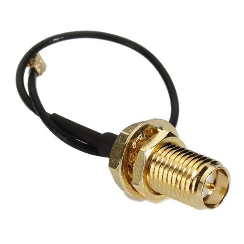 Bulkhead SMA/RP-SMA female connector close-up with nut and washer on coax pigtail