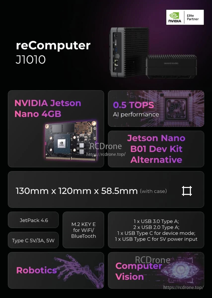J1010 Edge AI Computer, The NVIDIA ReComputer U is an Edge AI computer powered by Jetson with Al performance, featuring compact design and various interfaces.