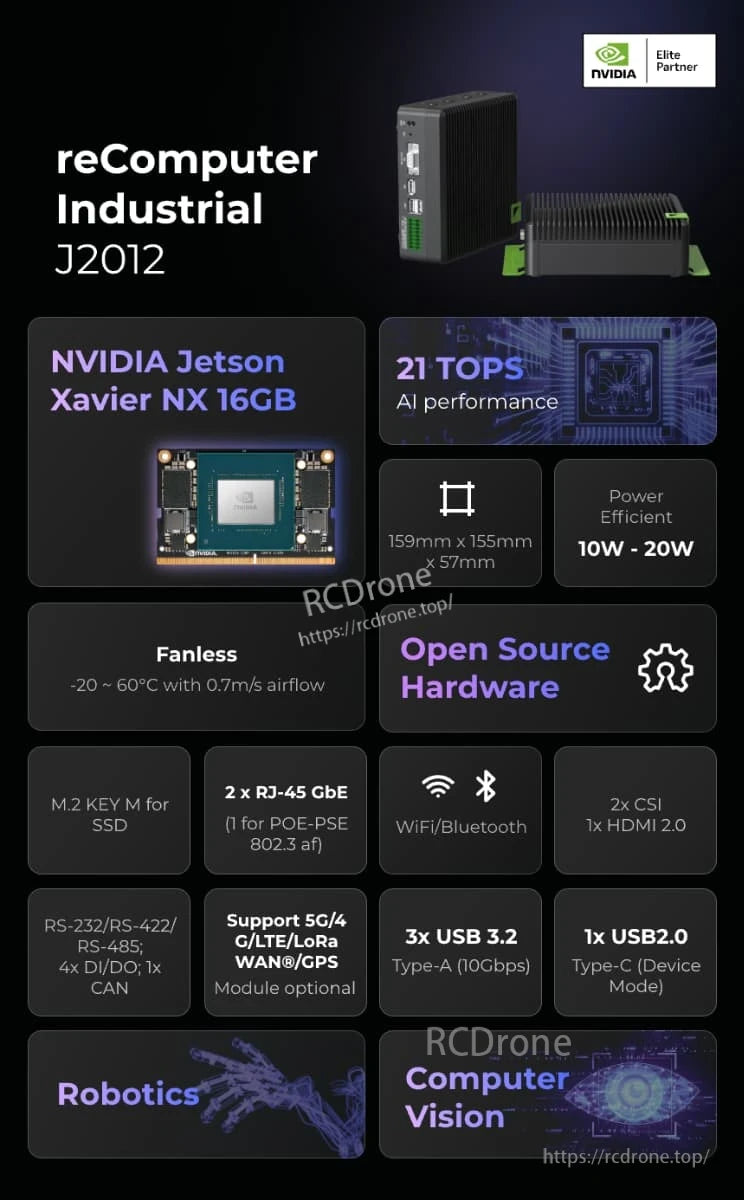 J2012 AI Device, NVIDIA Jetson Xavier NX: 16GB, 21 TOPS AI, fanless, open-source, ideal for robotics and computer vision with versatile connectivity.