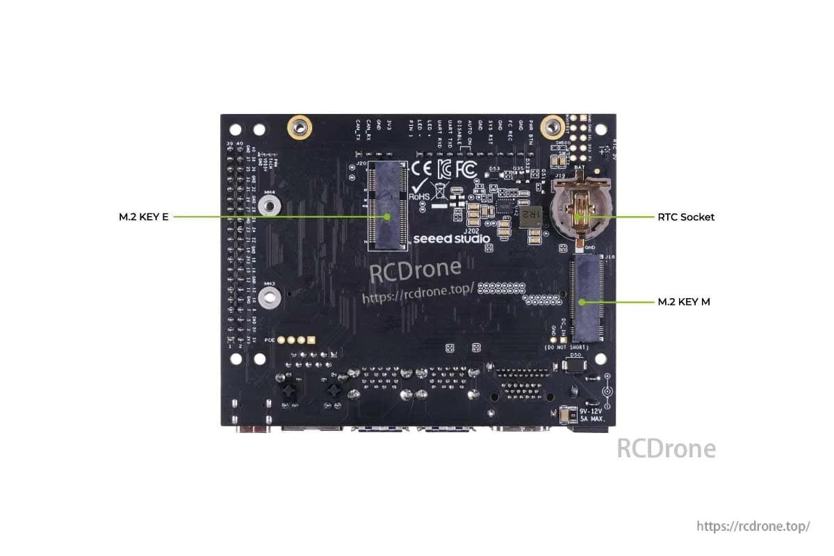 The J202 Carrier Board features M.2 KEY E/M, RTC socket, multiple connectors, Seed Studio branding, and compliance marks for reliable drone integration.