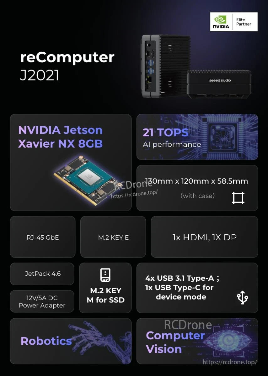 J2021 Edge AI Computer, Elite Partner NVIDIA reComputer J2021: compact robot computer with NVIDIA Jetson Xavier NX, RJ-45 GbE port and various USB ports.