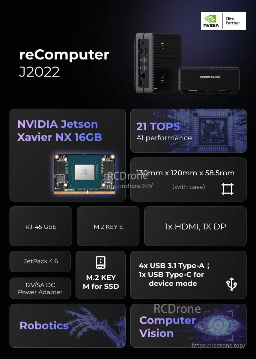J2022 Edge AI Computer, Elite Partner NVIDIA Jetson J2022 suite features Xavier NX, 6GB RAM, and various I/O interfaces, suitable for robotics and computer vision applications.