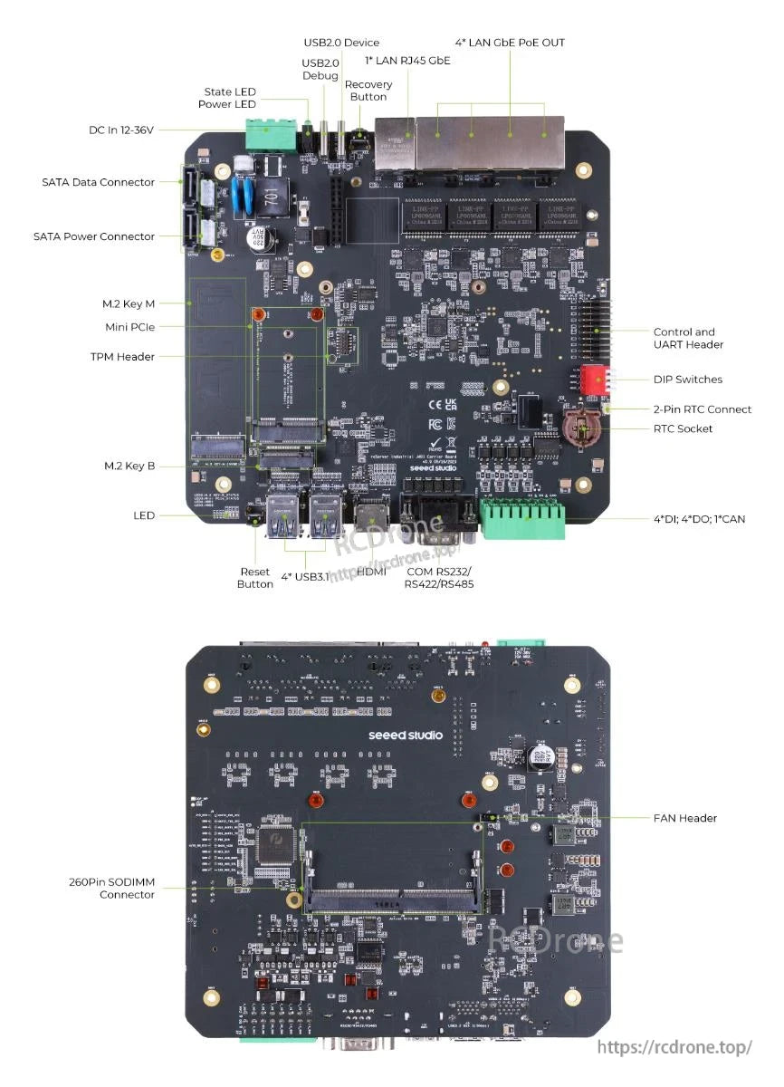 J3010 AI NVR Server features USB, LAN, GbE, PoE output, RJ45, SATA connectors, debug LEDs, and mini PCIe control.