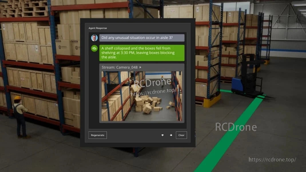J3010 Edge AI Computer, Shelf collapsed, boxes fell at 3:30 PM, blocking aisle in warehouse.