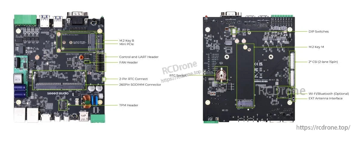 J3010 Edge AI Computer, Offers M.2, CSI, SODIMM, TPM, UART, FAN, and RTC interfaces; supports Wi-Fi/Bluetooth; includes DIP switches and memory connector for robust edge computing expansion. (24 words)