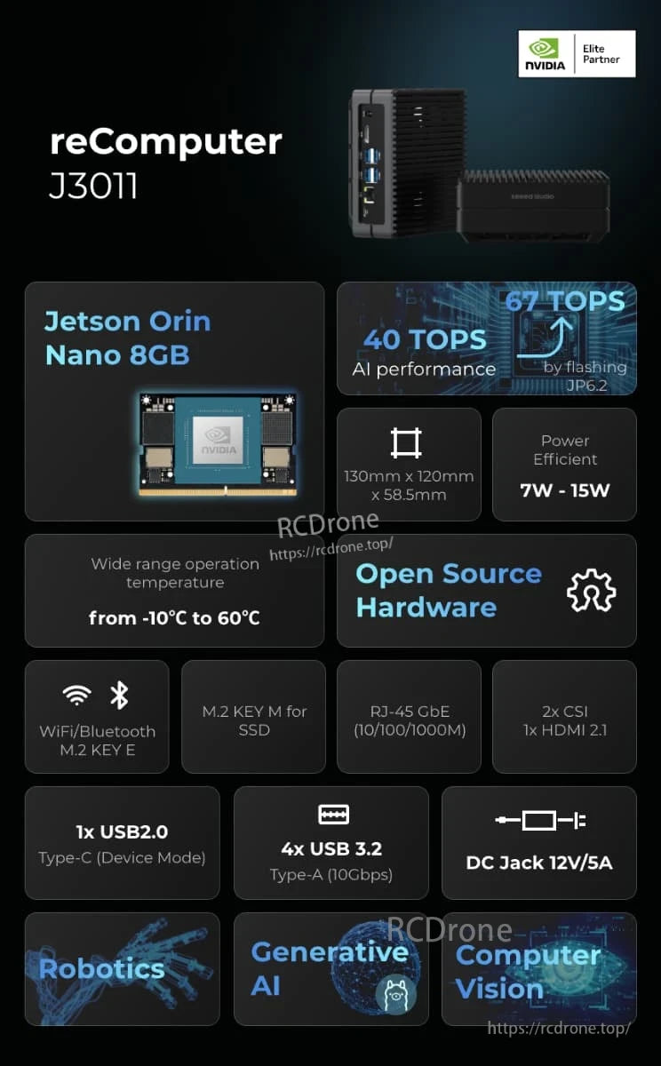 J3011 Edge AI Computer, Jetson Orin Nano 8GB offers 40–67 TOPS AI, compact design, open-source hardware, supports robotics, generative AI, computer vision, wide temp range, and multiple I/Os.
