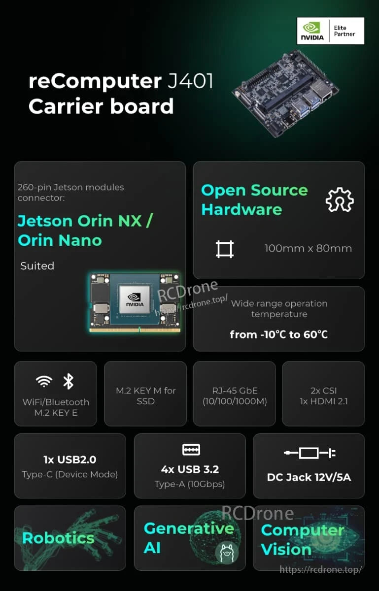 J401 Carrier Board, Open-source 100x80mm Jetson Orin NX/Nano carrier board with WiFi, M.2 SSD, GbE, CSI, HDMI, USB, DC power; operates -10°C to 60°C; ideal for robotics, AI, and computer vision.