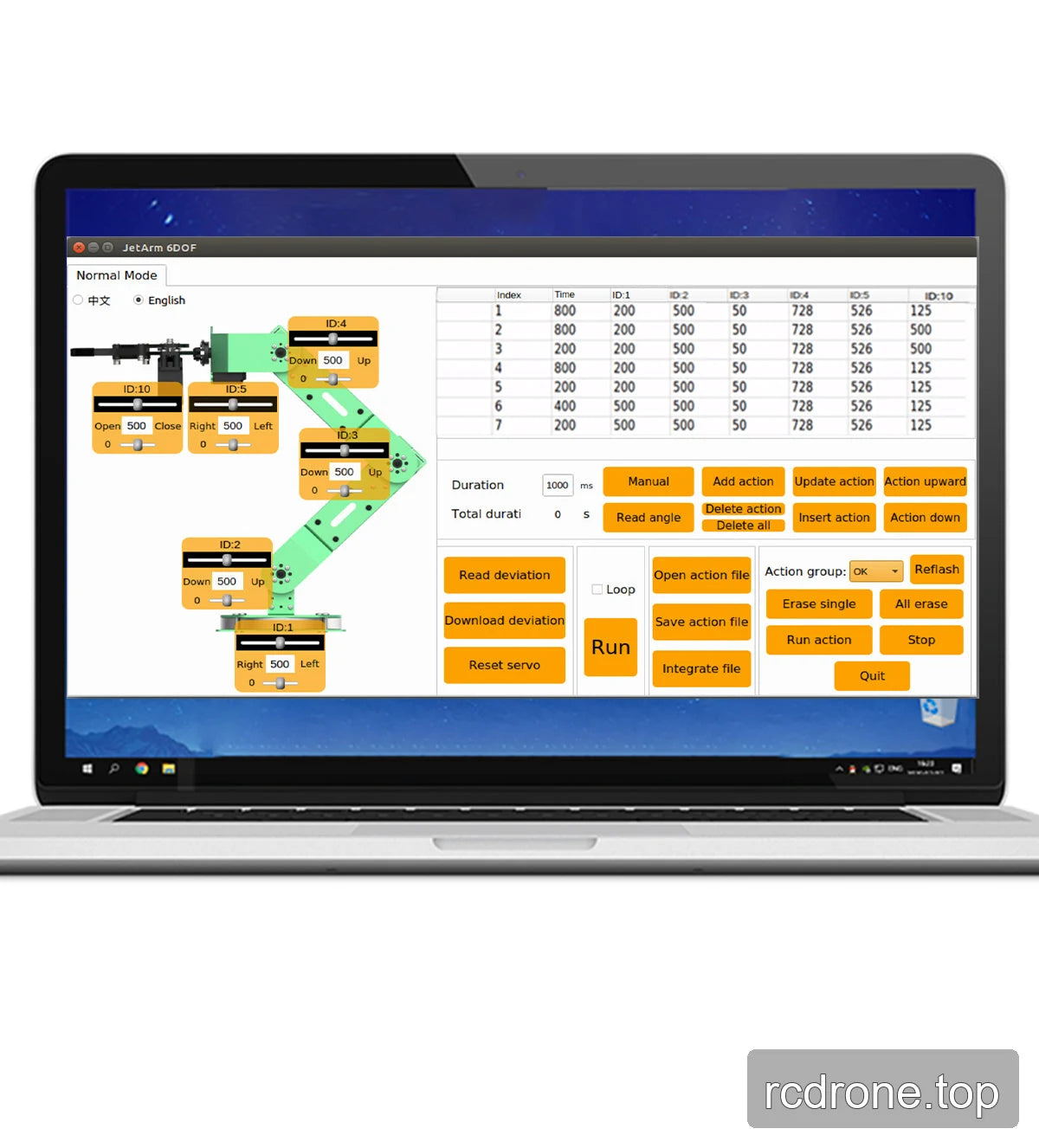 Computer action editor displaying robot-arm servo positions and motion sequence controls.