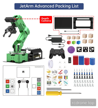 JetArm Advanced Kit packing list with depth camera, seven-inch display, bracket and cables.