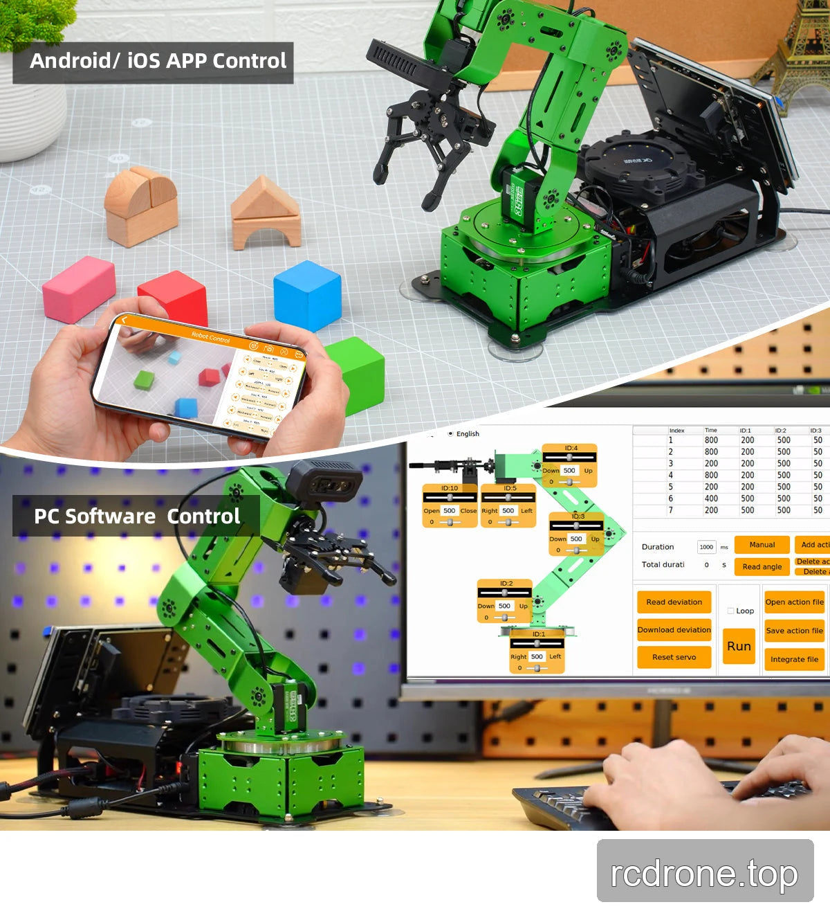 JetArm controlled through an Android or iOS app and computer action-editing software.