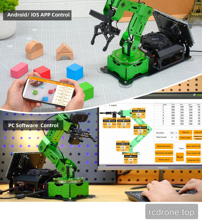 JetArm controlled through an Android or iOS app and computer action-editing software.