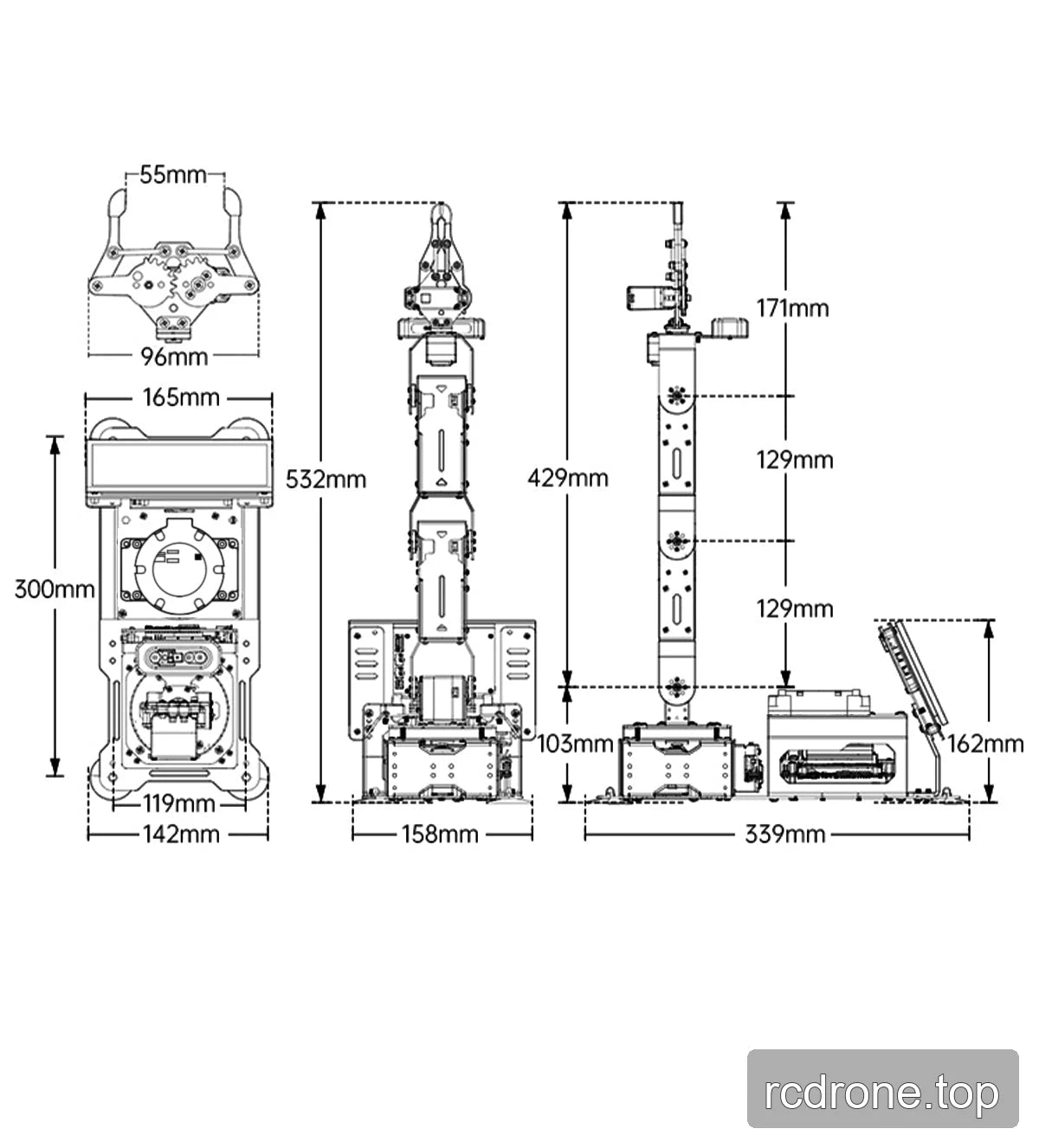 JetArm dimension drawing with 339 mm overall length, 165 mm base width and 532 mm illustrated height.