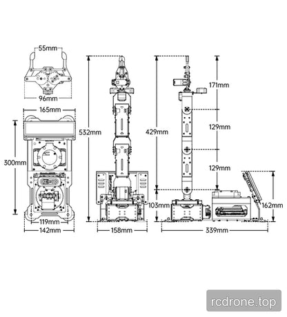 JetArm dimension drawing with 339 mm overall length, 165 mm base width and 532 mm illustrated height.