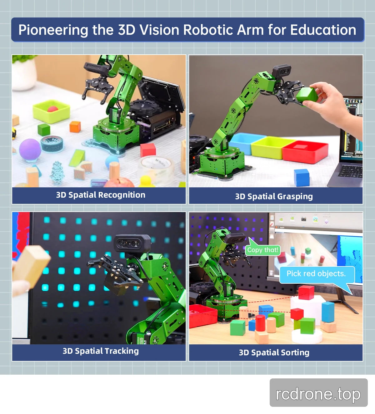 Desktop robot-arm education examples for recognition, grasping, tracking and sorting in 3D with depth-camera kits.