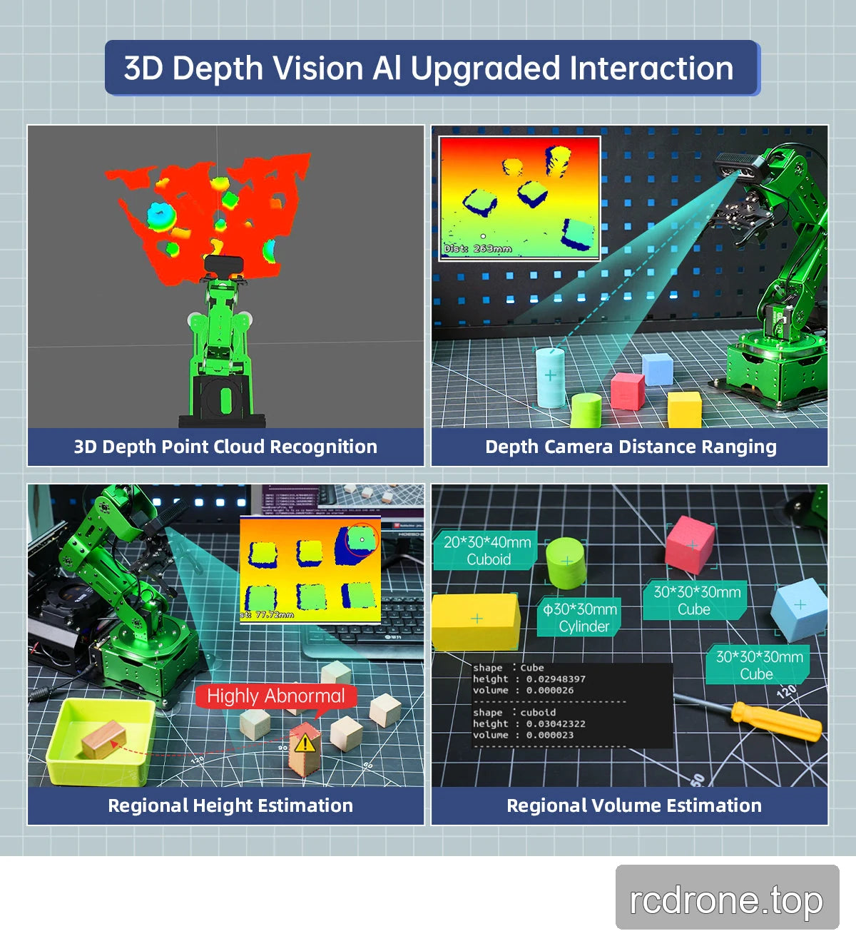JetArm depth-camera examples showing point clouds, ranging, height and volume estimation for depth-camera kits.