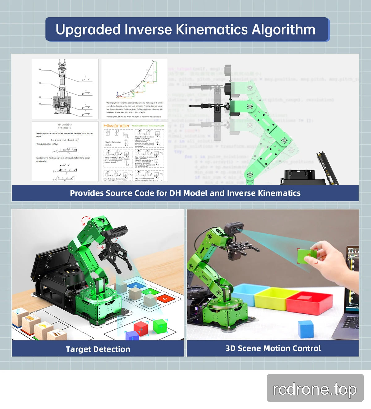 JetArm DH modeling, inverse kinematics and three-dimensional motion-control development examples.
