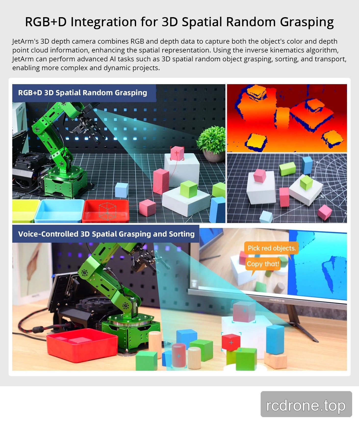 RGB+D spatial grasping with a depth-camera kit; voice-guided examples additionally require the Ultimate configuration.