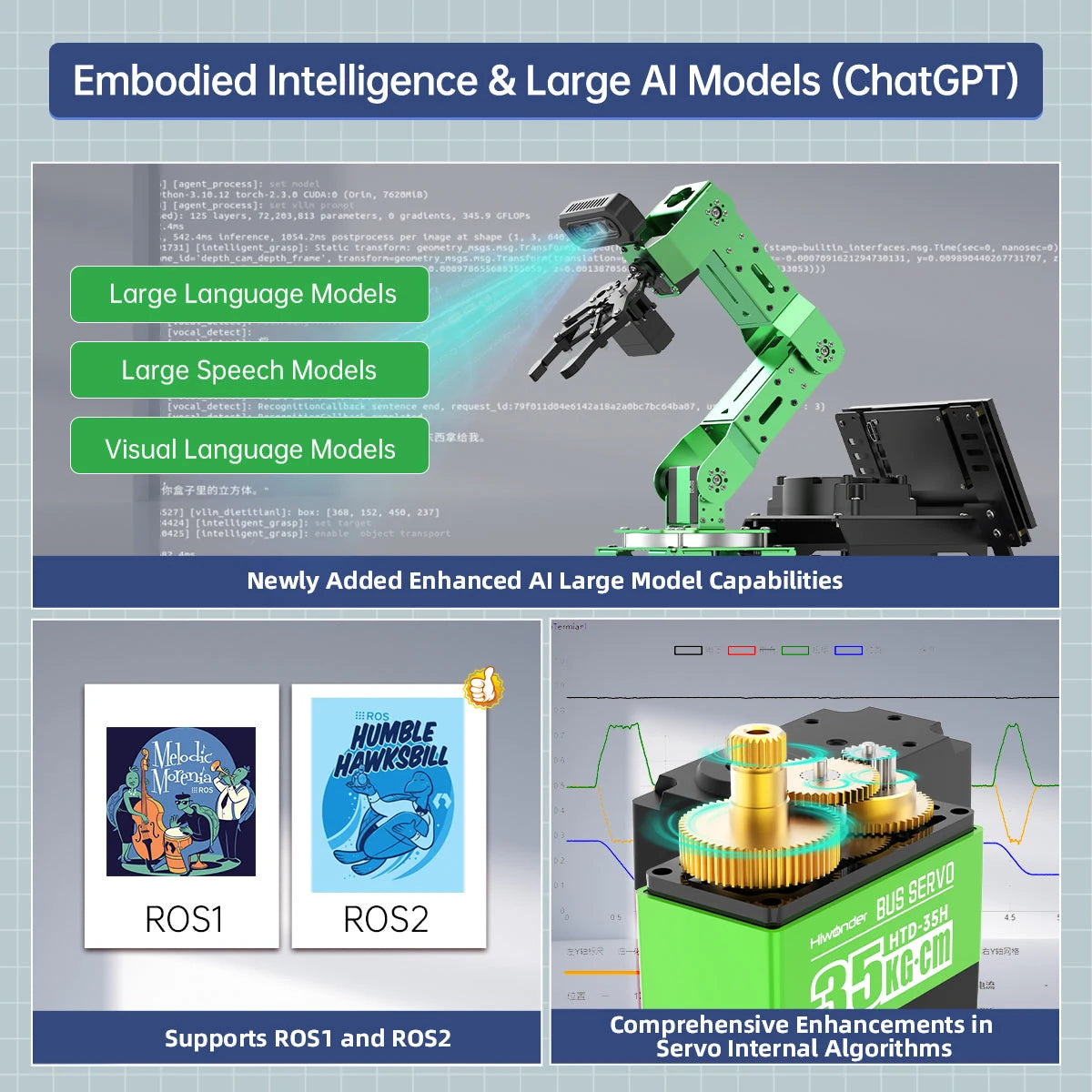 JetArm ROS1 and ROS2 platform with optional large-model integration and bus-servo feedback.