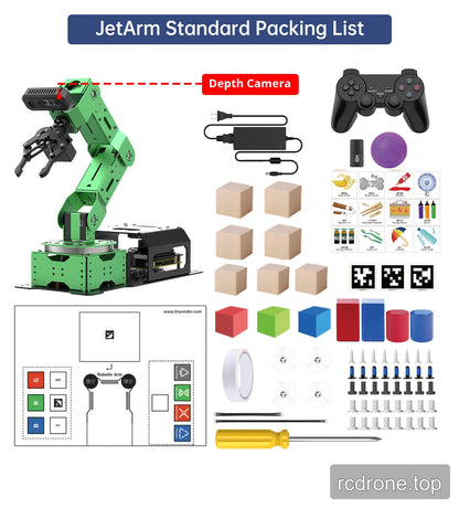 JetArm Standard Kit packing list with depth camera and learning accessories; Jetson depends on selected option.