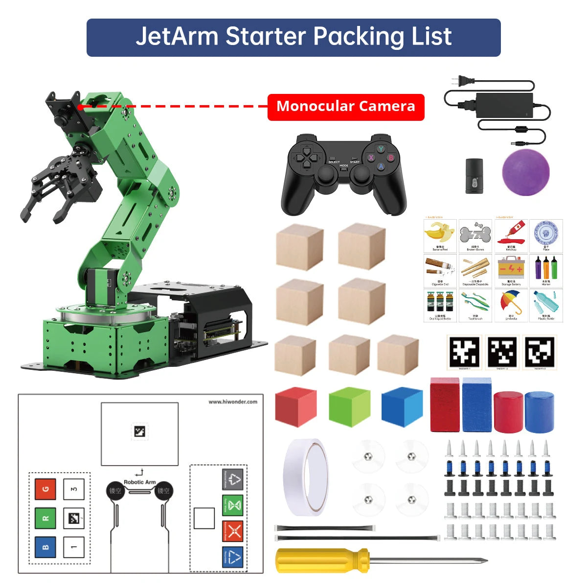 JetArm Starter Kit packing list with monocular camera and learning accessories; Jetson depends on selected option.