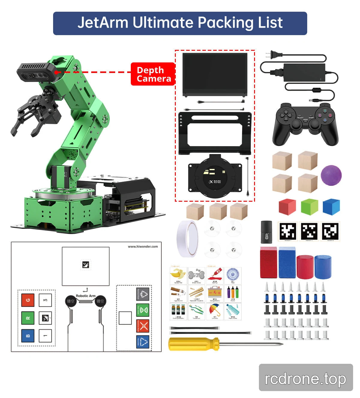JetArm Ultimate Kit packing list with depth camera, seven-inch display and circular six-microphone array.