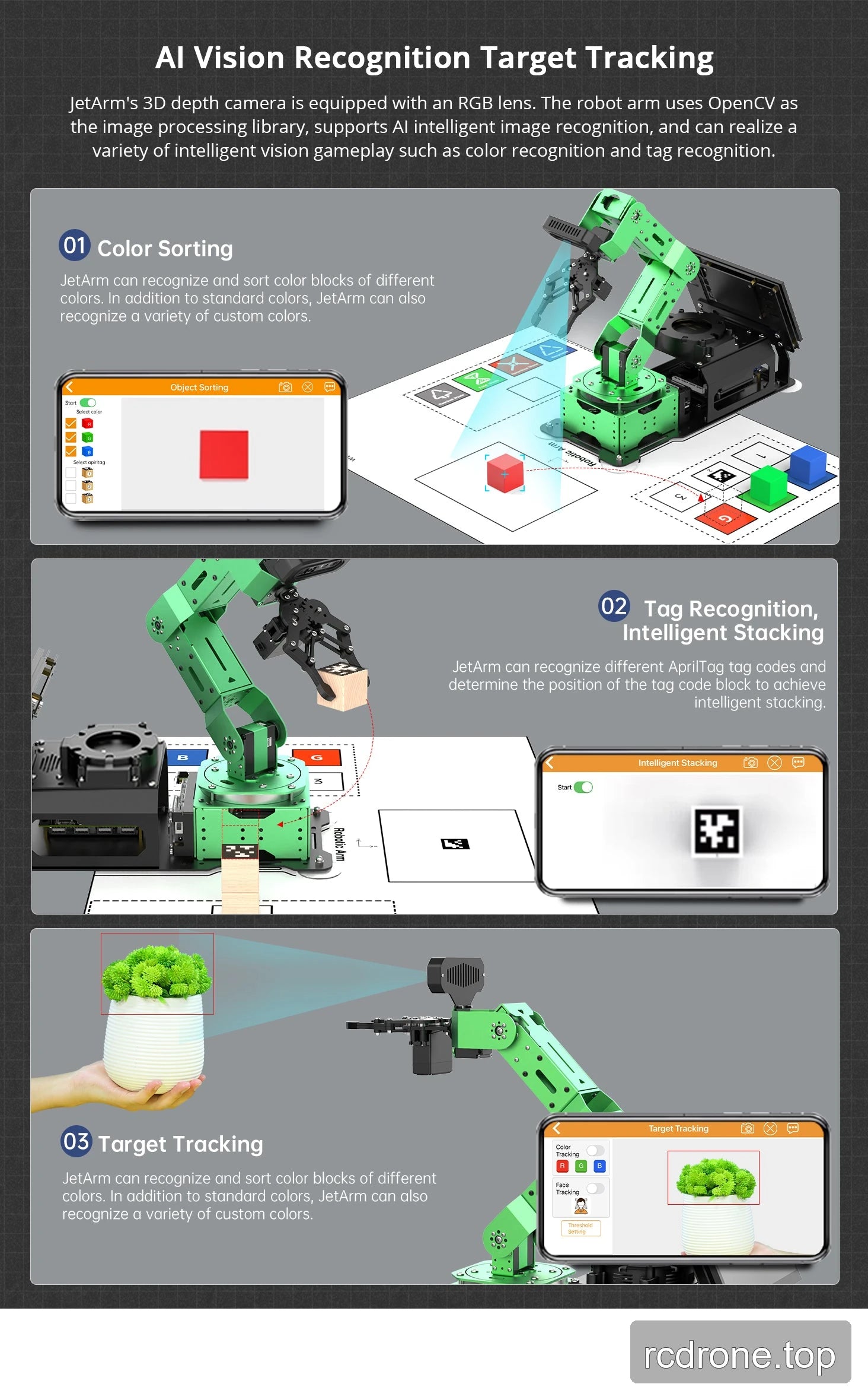 Color sorting, AprilTag tracking and object tracking examples.