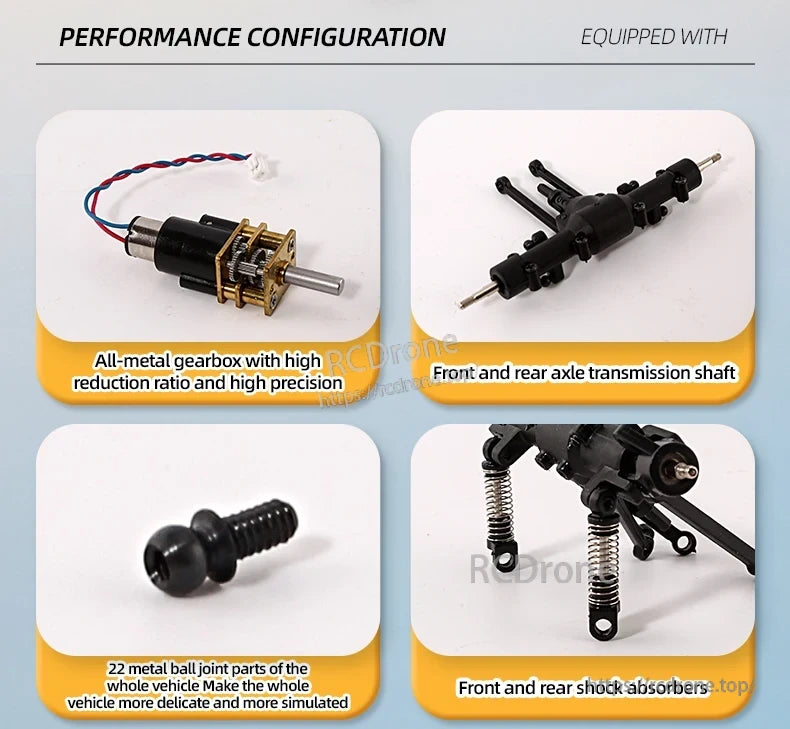JIKEFUN 1/36 RC Crawler Car, Durable all-metal gearbox with high reduction ratio, 22 metal ball joints, front/rear axle shafts, and shock absorbers for enhanced performance and stability.