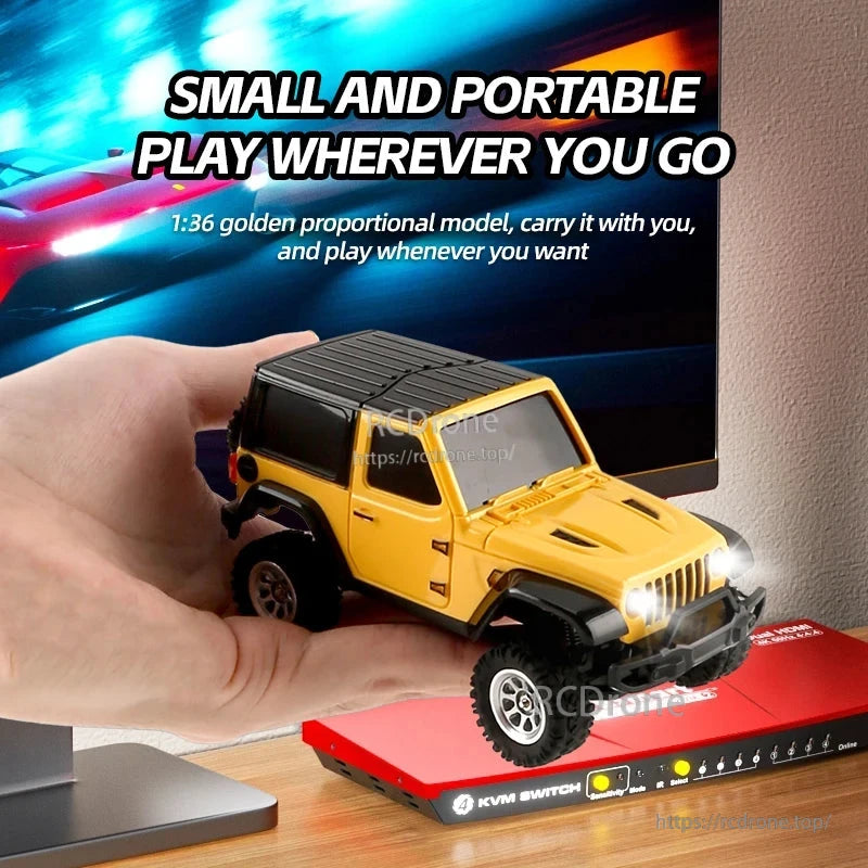 JIKEFUN 1/36 RC Crawler Car, Mini 1:36 RC crawler features 4WD, proportional control, lights, 20M range, Type-C charging, and 3.7V battery—compact, portable, ideal for indoor/outdoor use.