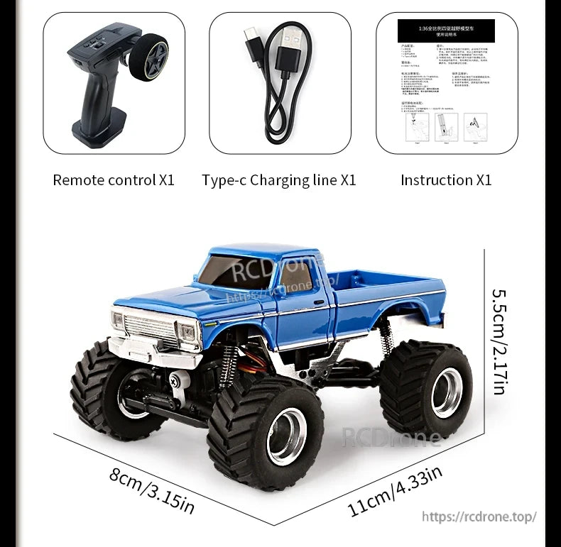 JIKEFUN 1/36 RC Crawler Car, 1:36 RC crawler car includes remote, Type-C cable, and instructions; measures 8x11x5.5cm.