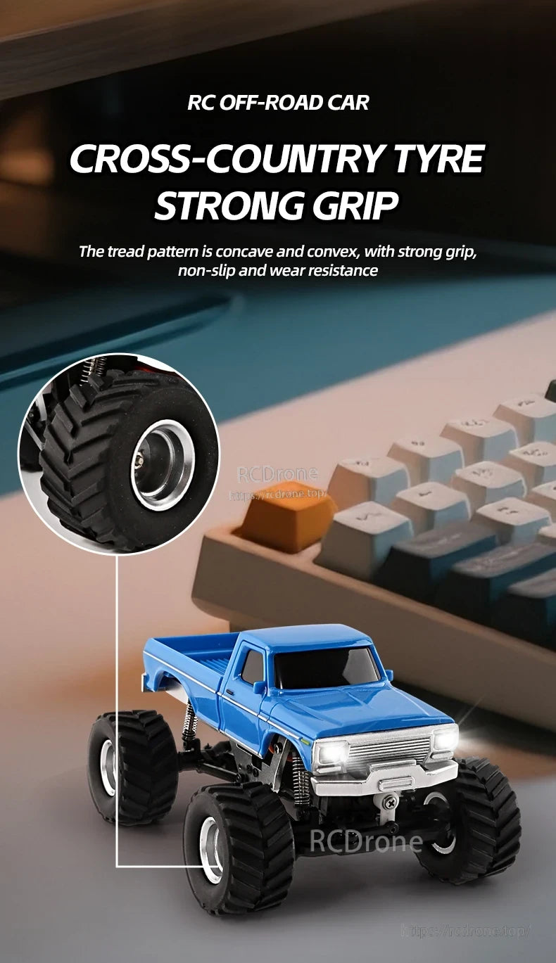 JIKEFUN 1/36 RC Crawler Car, RC off-road car features rugged tires with strong grip, concave-convex tread for excellent non-slip performance and durability on rough terrain.