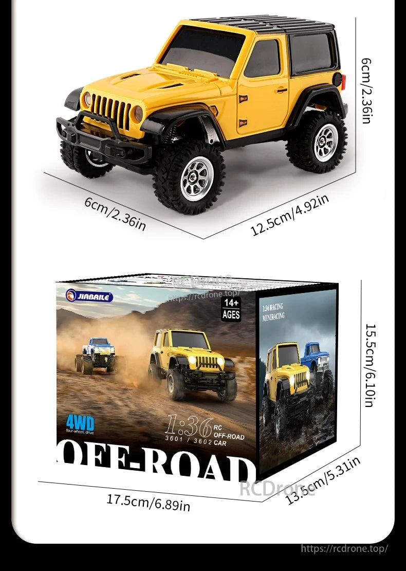 JIKEFUN 1/36 RC Crawler Car, JIBAILE 1:36 scale RC off-road crawler car, 4WD, for ages 14+, yellow and blue models, racing design, compact size, ideal for hobbyists.