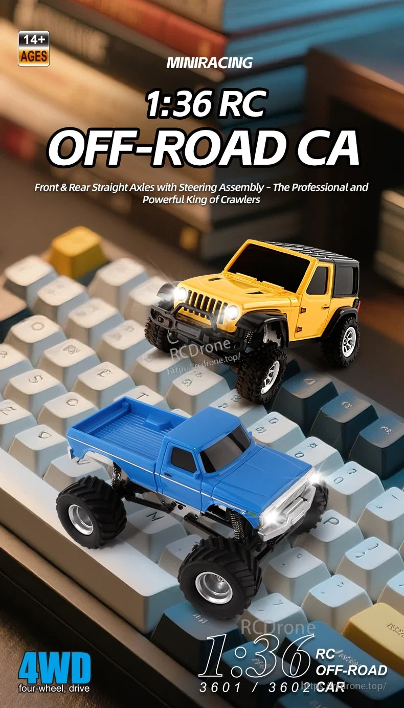 JIKEFUN 1/36 RC Crawler Car, 1:36 RC off-road crawler with 4WD, front/rear straight axles, steering, and strong performance. Suitable for ages 14+. Models: 3601/3602.