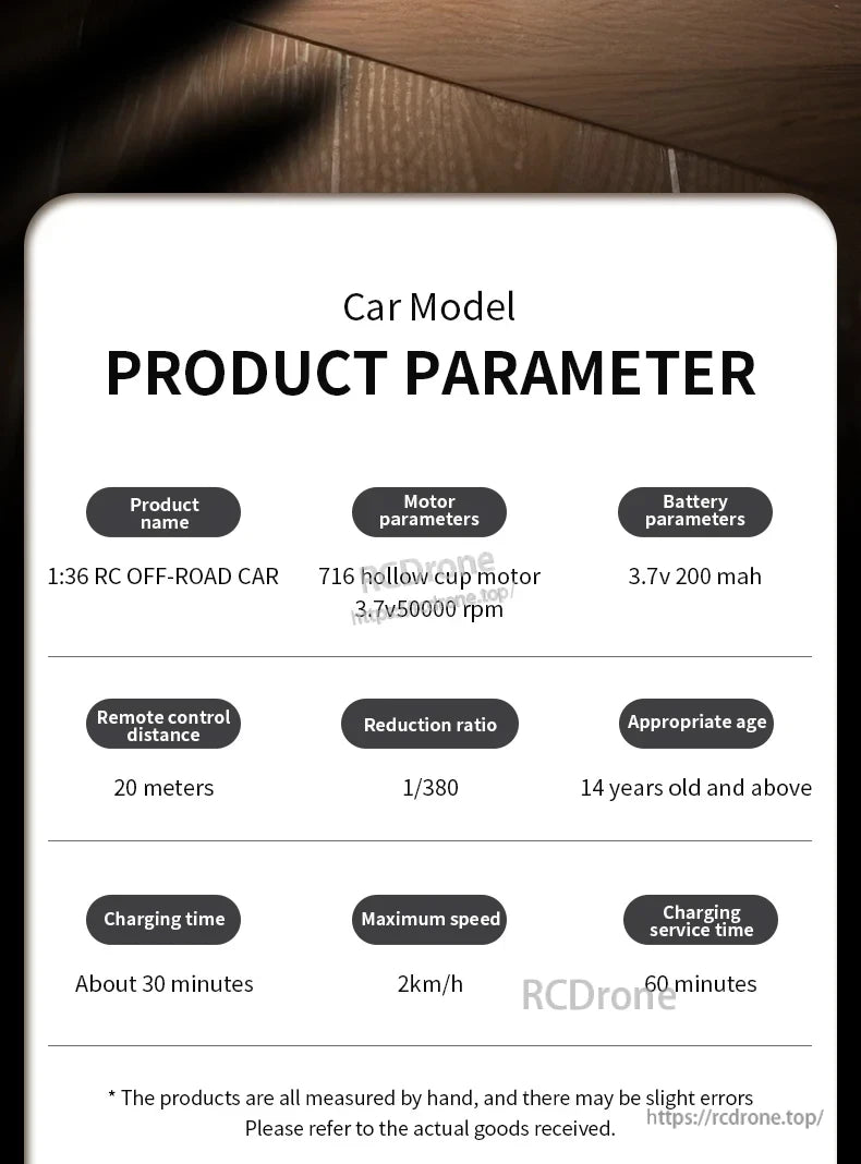 JIKEFUN 1/36 RC Crawler Car, Mini 1:36 RC off-road car with 716 motor, 200mAh battery, 20m range, 60min runtime, 2km/h max speed. Ages 14+. Slight variations in size/appearance possible.
