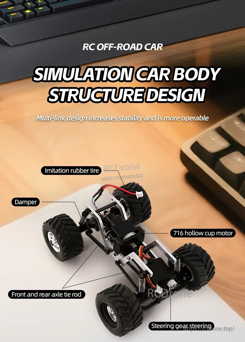JIKEFUN 1/36 RC Crawler Car, Off-road RC car featuring simulation body, multi-link suspension, rubber tires, damper, 716 motor, and steering gear for realistic performance.