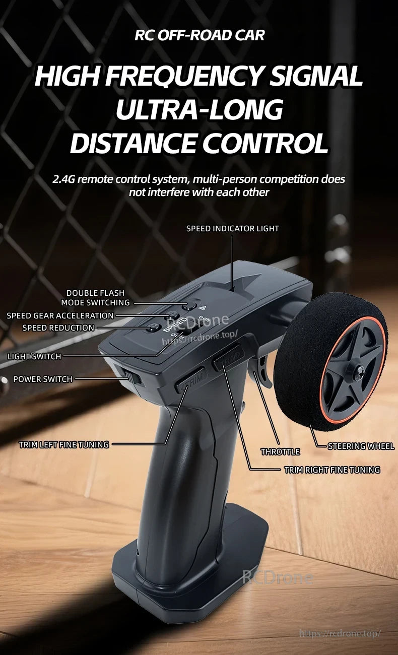 JIKEFUN 1/36 RC Crawler Car, Remote-controlled off-road car with 2.4G frequency, long-range control, speed indicator, mode switching, acceleration, lights, power, trim tuning, throttle, and steering functions.