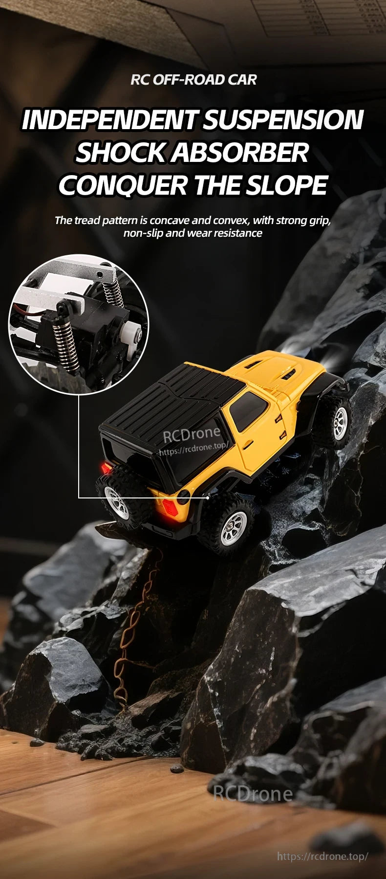 JIKEFUN 1/36 RC Crawler Car, RC off-road car features independent suspension, shock absorbers, and high-grip tires for superior performance on rugged terrain.