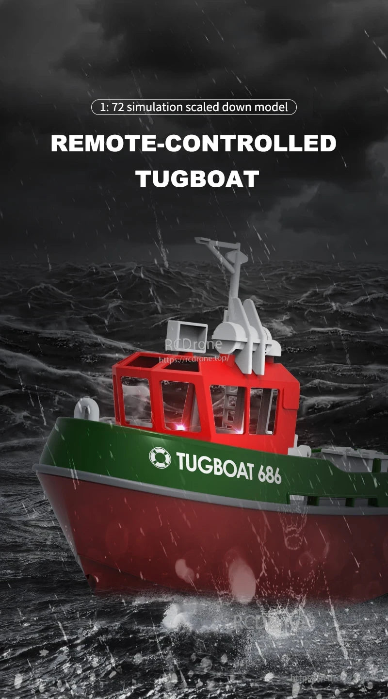 JIKEFUN 686 Remote Control Tugboat, Red and green 1:72 scale RC TUGBOAT 686 navigating rough, stormy seas.