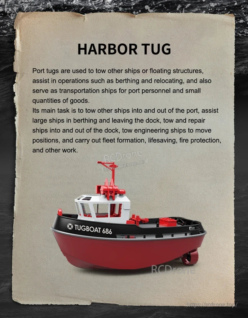 JIKEFUN 686 Remote Control Tugboat, The TUGBOAT 686 is a remote-controlled harbor tug with realistic design, used for simulating port operations like towing, docking, and emergency support.