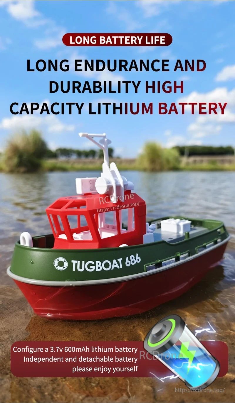 JIKEFUN 686 Remote Control Tugboat, Durable, detachable tugboat toy with long-lasting 3.7V 600mAh lithium battery for extended playtime.