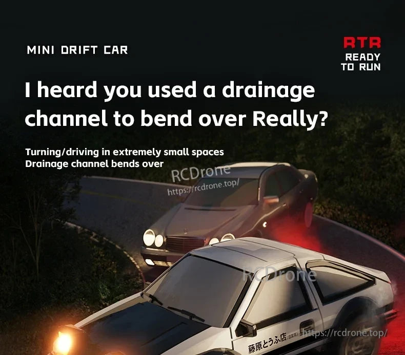 JIKEFUN AE86 1/64 RC Drift Car, Mini drift car, ready to run. Drift in tight spaces with drainage channel bending.