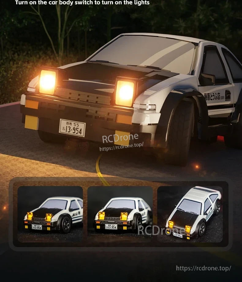 JIKEFUN AE86 1/64 RC Drift Car, AE86 1/64 RC drift car features light-up headlights, detailed body, and license plate 3-954. Compact, realistic design ideal for collectors and hobbyists.