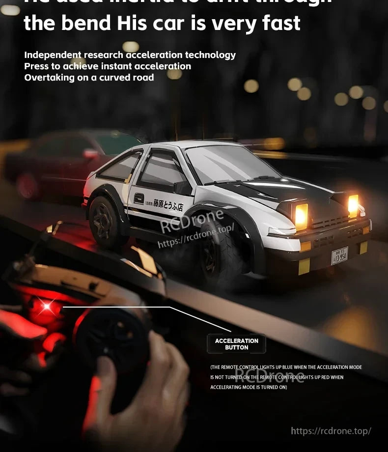 JIKEFUN AE86 1/64 RC Drift Car, AE86 1/64 RC drift car features instant acceleration; press button for speed boost on curves. LED lights show mode: blue (off), red (active).
