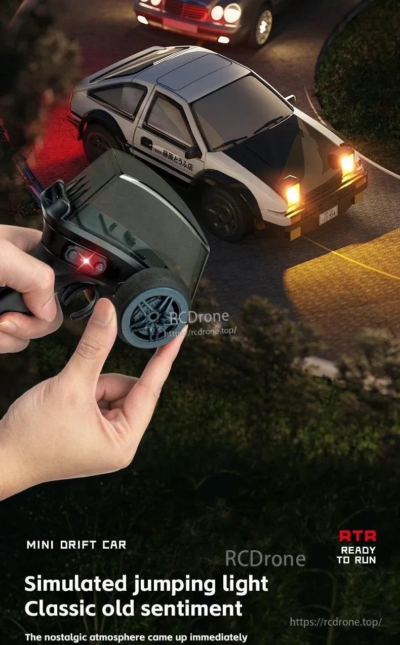 JIKEFUN AE86 1/64 RC Drift Car, Mini drift car with simulated jumping light, classic design, ready to run.
