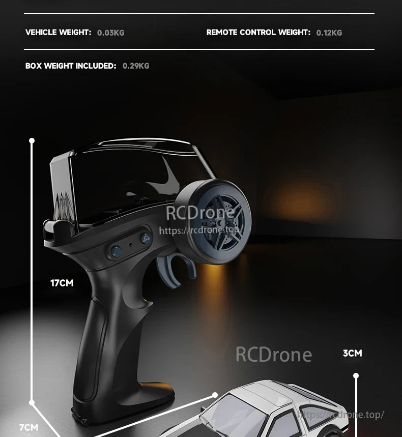 JIKEFUN AE86 1/64 RC Drift Car, 1/64 scale RC drift car weighs 0.05kg; remote 0.12kg; box 0.29kg; dimensions provided.