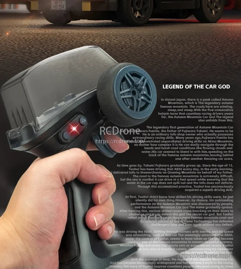 JIKEFUN AE86 1/64 RC Drift Car, In Japan’s Haruna Mountain, tofu shop owner Fujikawa Fumita mastered drifting on an AE86, earning legendary status as the Autumn Mountain Car God through skill and calmness.