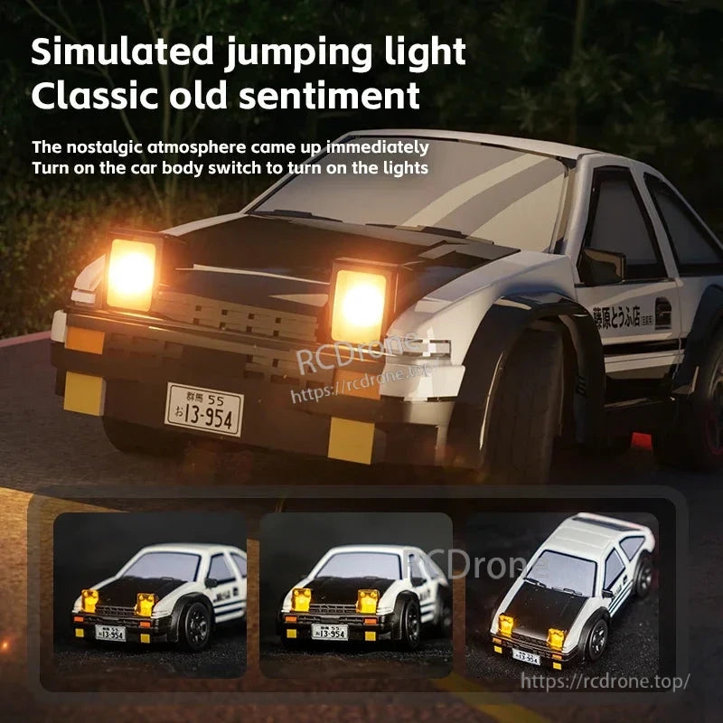 JIKEFUN AE86 1/64 RC Drift Car, Simulated jumping light, classic old sentiment, nostalgic atmosphere, turn on switch for lights.