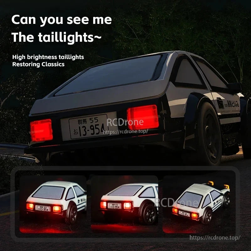 JIKEFUN AE86 1/64 RC Drift Car, Bright LED taillights, classic design, 2.4GHz RTR control, Type-C charging, 3.7V 100mAh battery, 40m range.