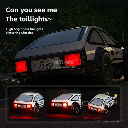 JIKEFUN AE86 1/64 RC Drift Car, Bright LED taillights, classic design, 2.4GHz RTR control, Type-C charging, 3.7V 100mAh battery, 40m range.
