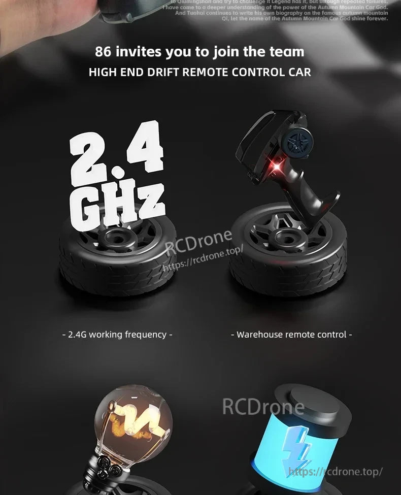 JIKEFUN AE86 1/64 RC Drift Car, Join 86's team. High-end 2.4GHz remote control drift car, battery-powered, ideal for warehouse use.